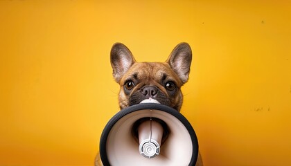 French Bulldog with Megaphone Against Vibrant Yellow Background Delivers Important Announcement at Center Stage, Captivating Audiences with Energetic Vibes