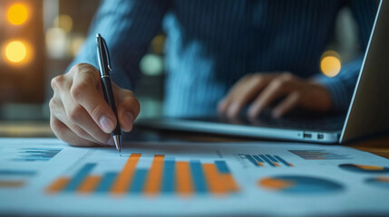 Close‑up of a businessman’s hand with pen over printed charts and diagrams beside a laptop, analyzing financial reports, investment data, sales stats and performance trends.