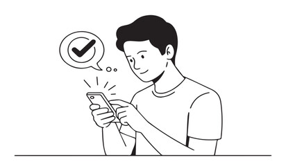 Young Man Using Smartphone: Confirmation Checkmark, Mobile Technology, & Digital Interaction Line Art

