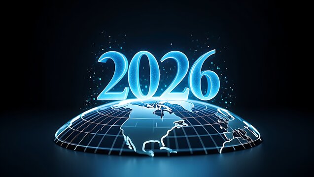 Holographic 2026 Projection Above Rotating Digital Wireframe Globe with Glowing Effects