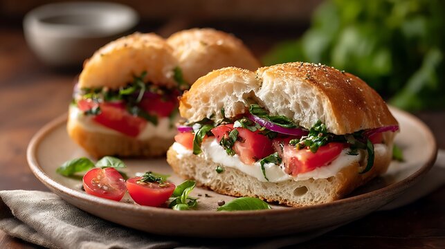 Fresh Caprese Sandwiches with Tomato, Mozzarella, and Basil on Ciabatta Bread