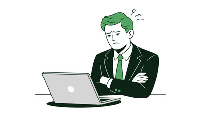 Focused Businessman with Laptop: Professional Male Character Working on Computer in Modern Vector Style


