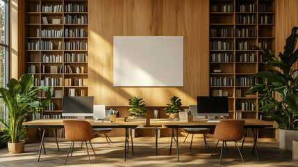 Blank poster mockup on warm wooden wall in a modern library: sleek bookshelves, tidy computer desks bathed in soft daylight, minimalist 3D‑rendered atmosphere.