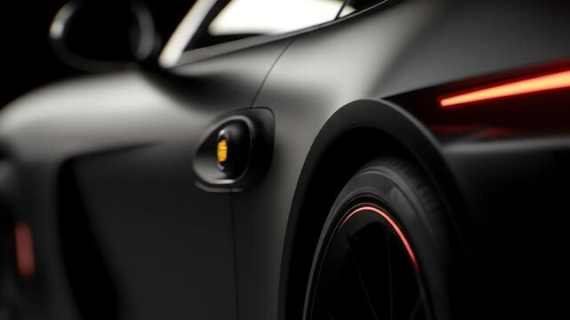 Dark, sleek sports car side profile, close-up focus on charging port.  Detailed shot of modern vehicle, showcasing aerodynamic design