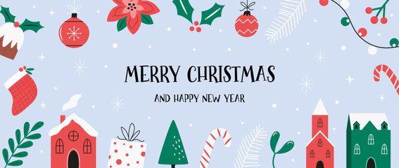 Horizontal Christmas Banner, Template with Buildings, Gifts, Trees, Candy Canes and Holiday Icons