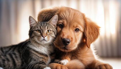 A Heartwarming Moment of CanineFeline Camaraderie, Showcasing the Unexpected Bond between Mans Best Friend and a Feline Companion amidst a Vibrant Spring Day Scene.