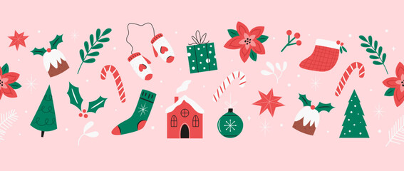 Cute Christmas Seamless Border, Pattern With Stockings, Candy Canes, Holiday Elements