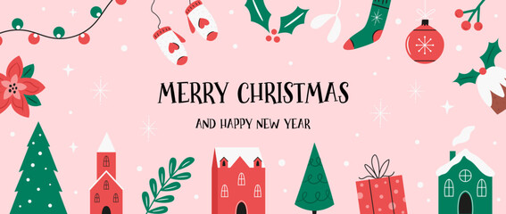 Horizontal Christmas Banner, Template with Buildings, Gifts, Trees, Candy Canes and Holiday Icons