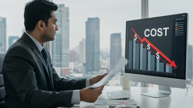 Man in suit reviews documents at desk with cost decrease chart on computer in office setting view