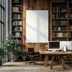 Blank poster mockup on warm wooden wall in a modern library: sleek bookshelves, tidy computer desks bathed in soft daylight, minimalist 3D‑rendered atmosphere.