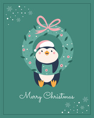 Christmas Card with Cute Penguin. Funny Winter Holiday Illustration for Seasonal Greetings