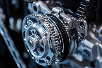 Close up of a mechanical generator rivulet belt showcasing intricate details of the pulley system and gear arrangement in an industrial setting