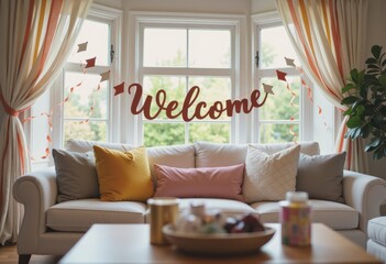 Decorated living room for a housewarming party with a welcome sign