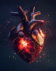3d illustration human heart with damage spot warning sign style