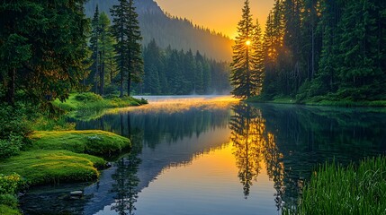Serene River at Sunset in Vintage Style