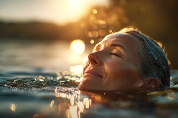 Woman Swimming at Sunset