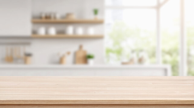 Empty light wood tabletop in front of a bright, softly blurred kitchen interior with shelves, utensils, and natural window light..
