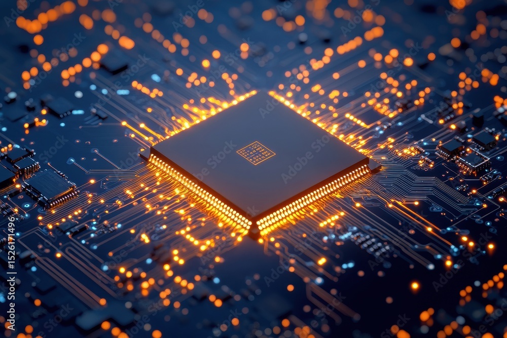 Poster futuristic microchip with advanced circuit board design illuminating a digital landscape
