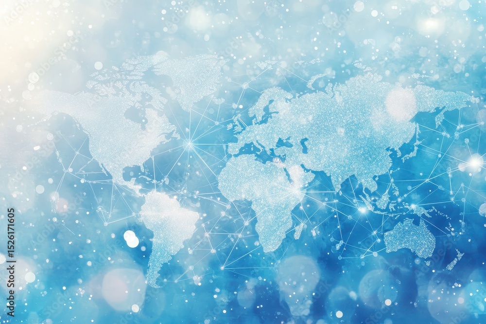 Poster digital representation of a world map with a light blue background showcasing interconnected global 