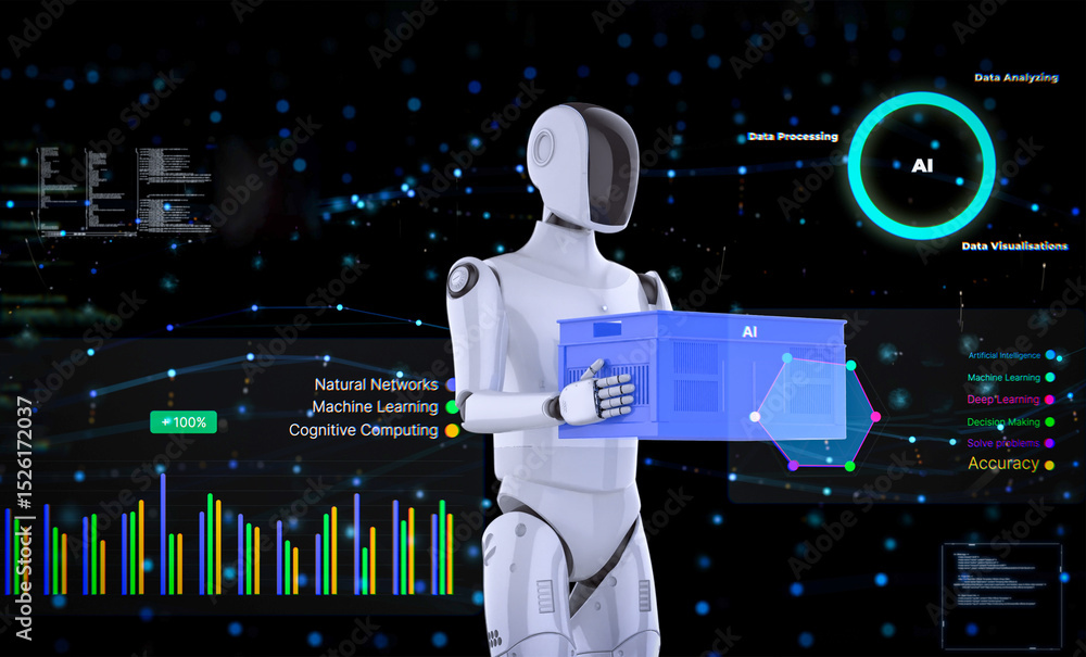 Poster automation warehouse with assistant robot work in warehouse with digital graphic display