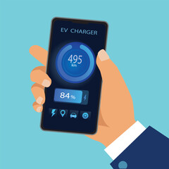 Businessman holding smartphone display battery status interface by smart EV mobile application while EV car recharging electricity from charging station . vector,illustration