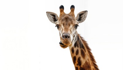 Fototapeta premium Playful UpsideDown Portrait A Joyful Giraffe Frolicking in a White Canvas, Boundless Optimism Radiating from this Unusual Perspective, Capturing the Spirited Whimsy of Natures Gentle Giant.