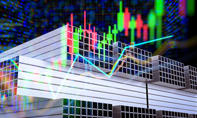 Commodity price rising concept with heap of metal pipes with stock market chart