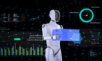 Automation warehouse with assistant robot work in warehouse with digital graphic display