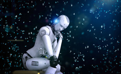 Ai robot sit down and think or compute like thinker man
