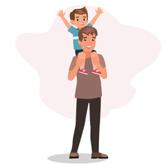 illustration of the boy riding piggy back on his dads shoulders. vector