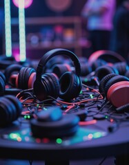 Silent disco setup with headphones stacked on a table, ready for fun