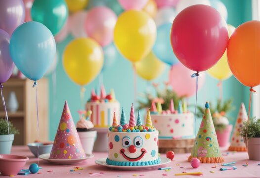 Colorful kid's birthday party with clown props and pastel balloons