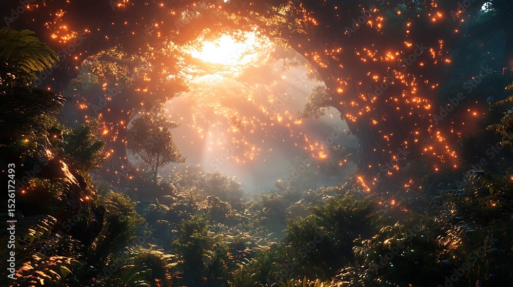 Poster mystical forest bathed in ethereal light, creating a surreal and enchanting atmosphere