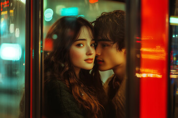 A young couple in love traveling by bus, portrait at night
