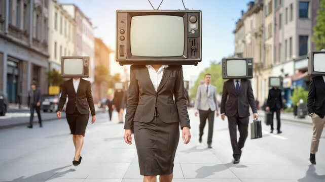 Businesspeople walking on street with televisions replacing heads.