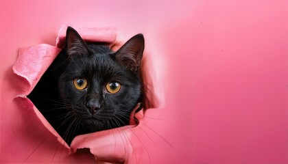 Playful Black Cat Peeking Through Pink Paper Background Whimsical Vignette of Mischief and Joy, Bringing a Pop of Color to Any Space.