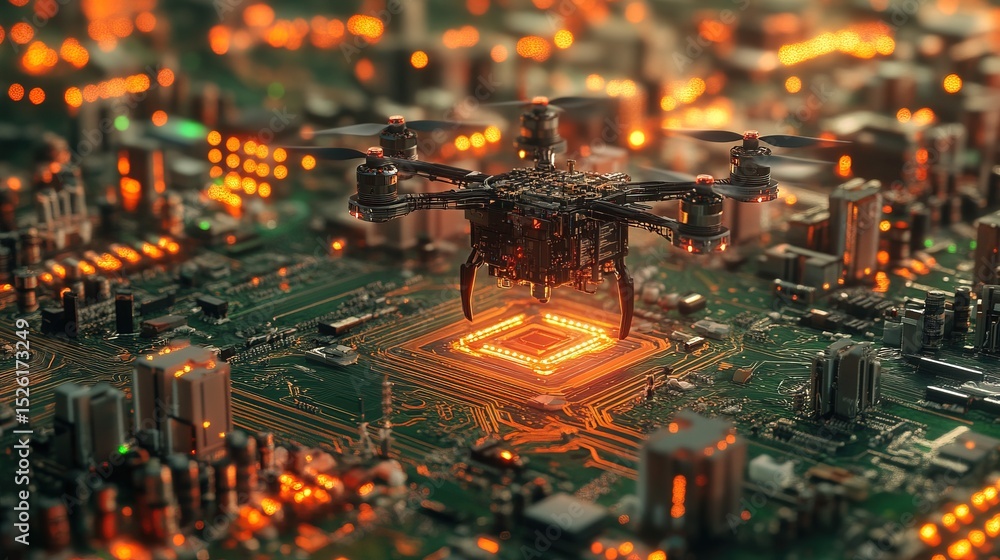 Poster futuristic style drone hovering over circuit board for technology concept