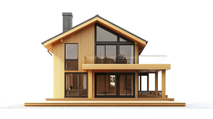 Modern wooden house with large windows and spacious deck, exuding warmth and style