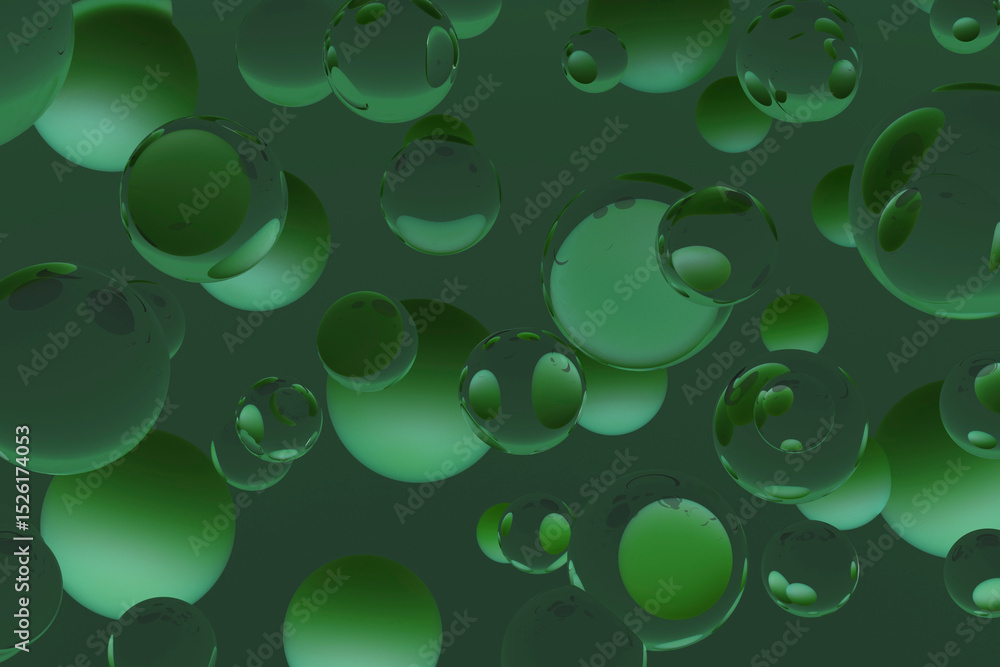 Poster emerald bubble galaxy. 3d abstract background with floating deep green spheres, perfect for modern d