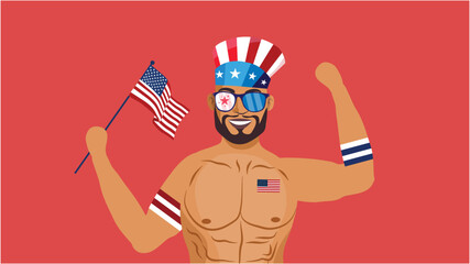 Muscular man wearing patriotic outfit holding American flag in celebration of 4th July