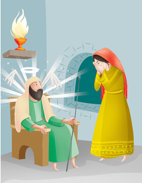 Biblical illustration of Hannah praying before the priest in a holy place, emotional religious scene from children's Bible story, colorful cartoon-style Christian artwork.