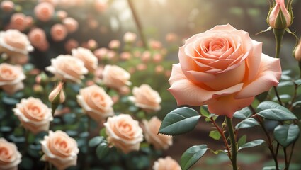 Soft Peach Rose in Bloom with Blurred Rose Garden Background