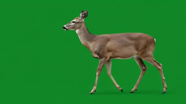 Deer Walking, Green Screen Background, Isolated Animal, Wildlife Study.