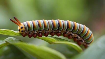 Caterpillar Feeding on Green Leaf