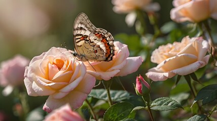 Small Butterfly on Blooming Rose