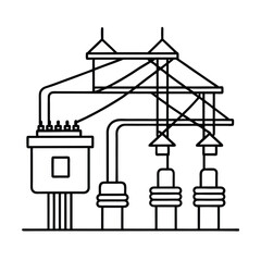 Simplified line art of power substation illustrating electrical energy distribution and infrastructure
