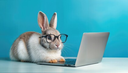 Busy Business Bunny Adorable Cute Rabbit in Office with Glasses and Laptop, Bringing Humor and Charm to Modern Workspaces