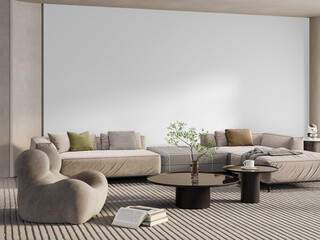 Modern Beige Living Room Interior with Sculptural Lounge Chair and Round Coffee Tables –...