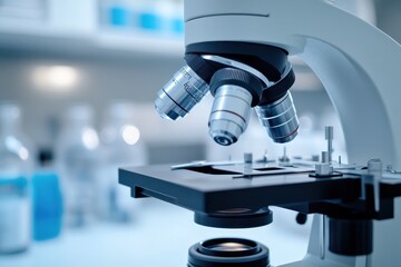 Fototapeta premium Laboratory microscope poised for examination in a modern research facility showcasing advanced technology and precision