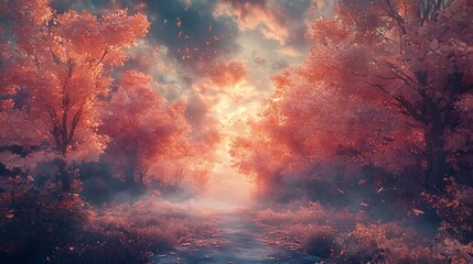 Naklejka premium Ephemeral pathway enveloped by autumnal flora under a dreamy sky tableau